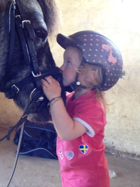 Une petite fille embrasse son poney