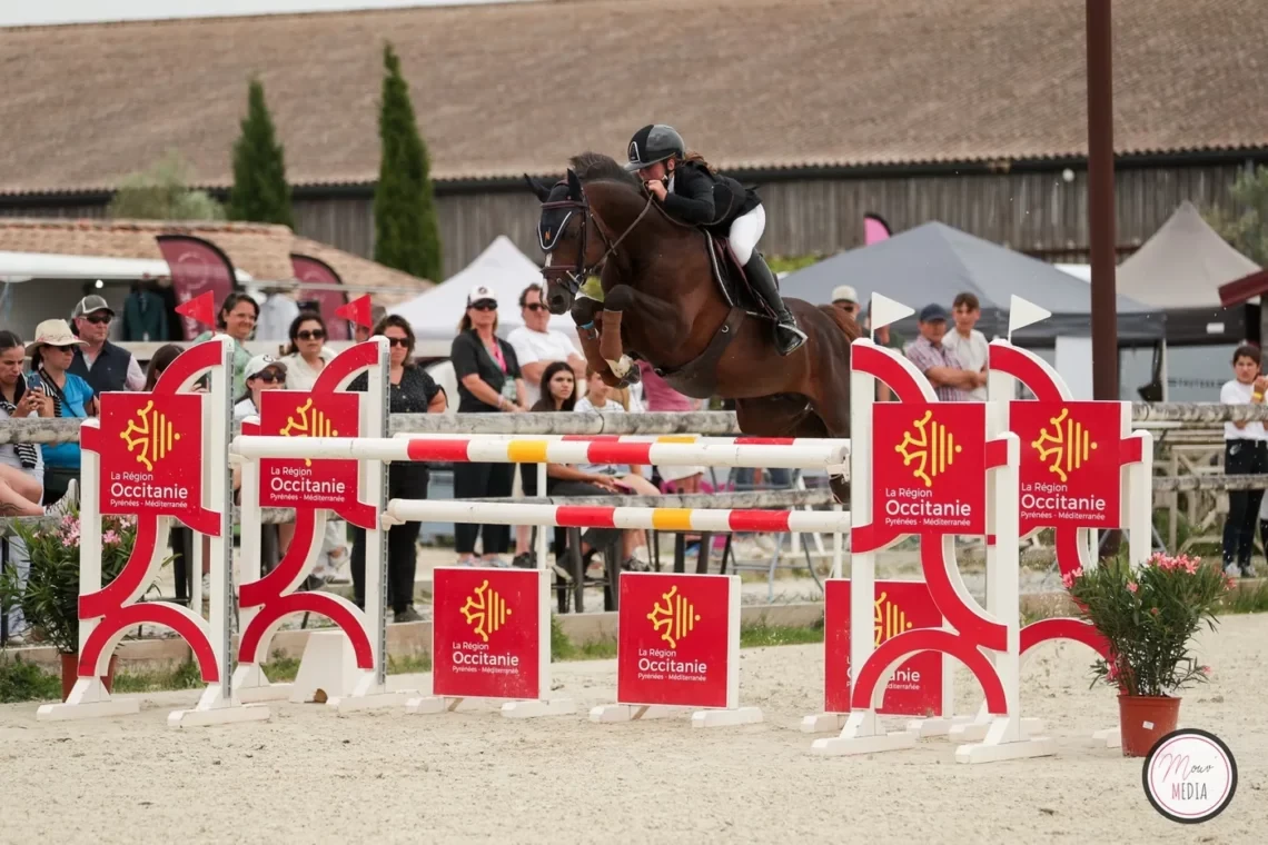 Cavalière et poney en compétition TDA franchissant un obstacle de la Région Occitanie