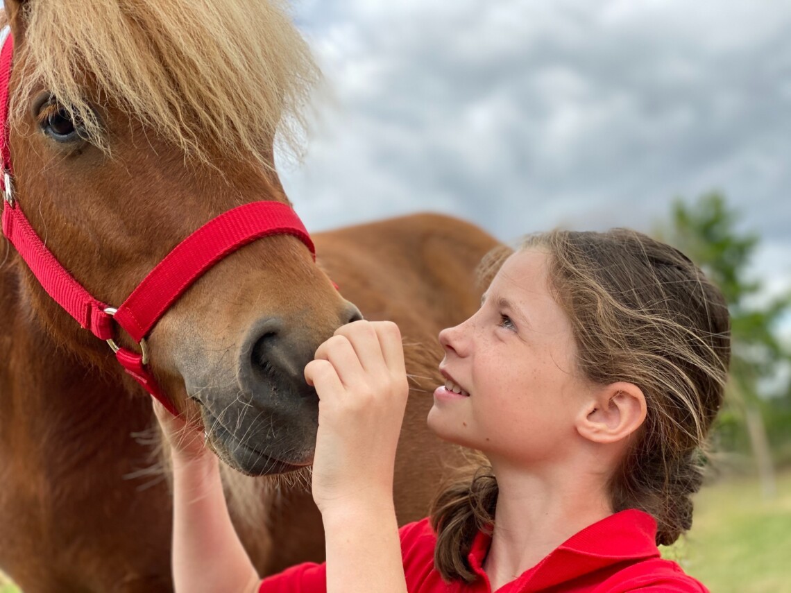 Enfant avec un poney lors d’un stage au club
